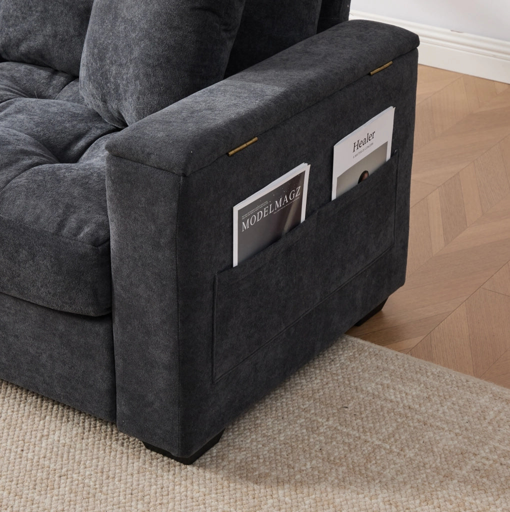Divano 2 posti in chenille grigio scuro con contenitore nei braccioli HOMVRA