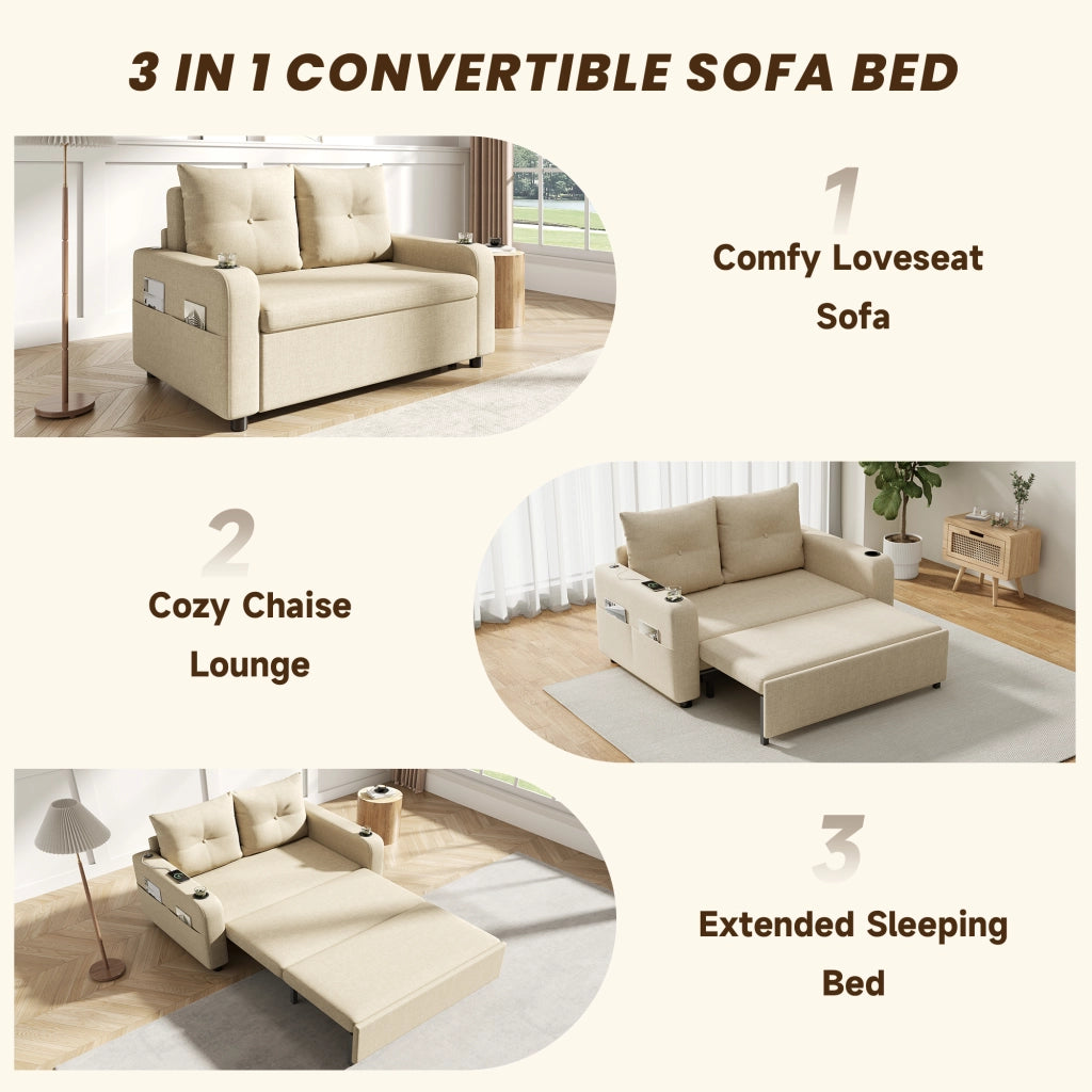 Divano letto 3 in 1 con portabicchieri, tasche laterali, cuscini e porte USB e tipo C in cotone lino beige