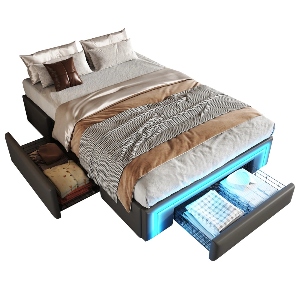 Letto singolo 90x200 cm in PU pelle grigia con cassetti e LED; struttura in metallo