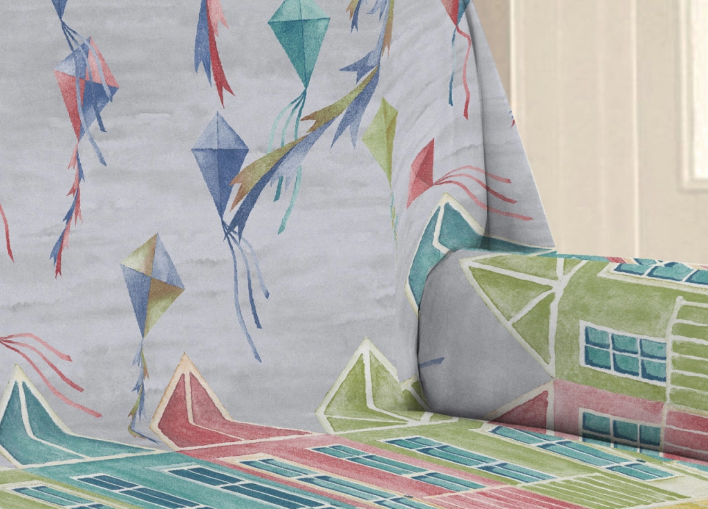 Telo Arredo Multiuso Linea Pensieri Delicati In Cotone Disegno Aquiloni - Singolo - Grigio