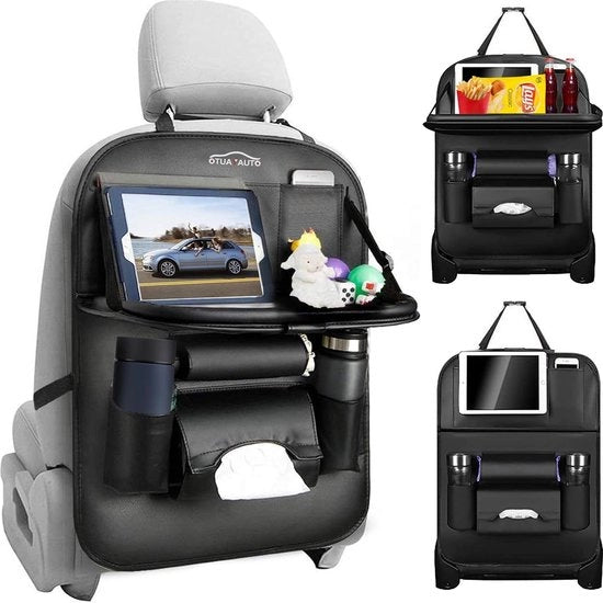 Organizzatore di auto con protezione del sedile posteriore - Organizzatore di sedile auto realizzato in pelle in PU con tavolo da pranzo pieghevole per tablet e protezione del sedile posteriore impermeabile