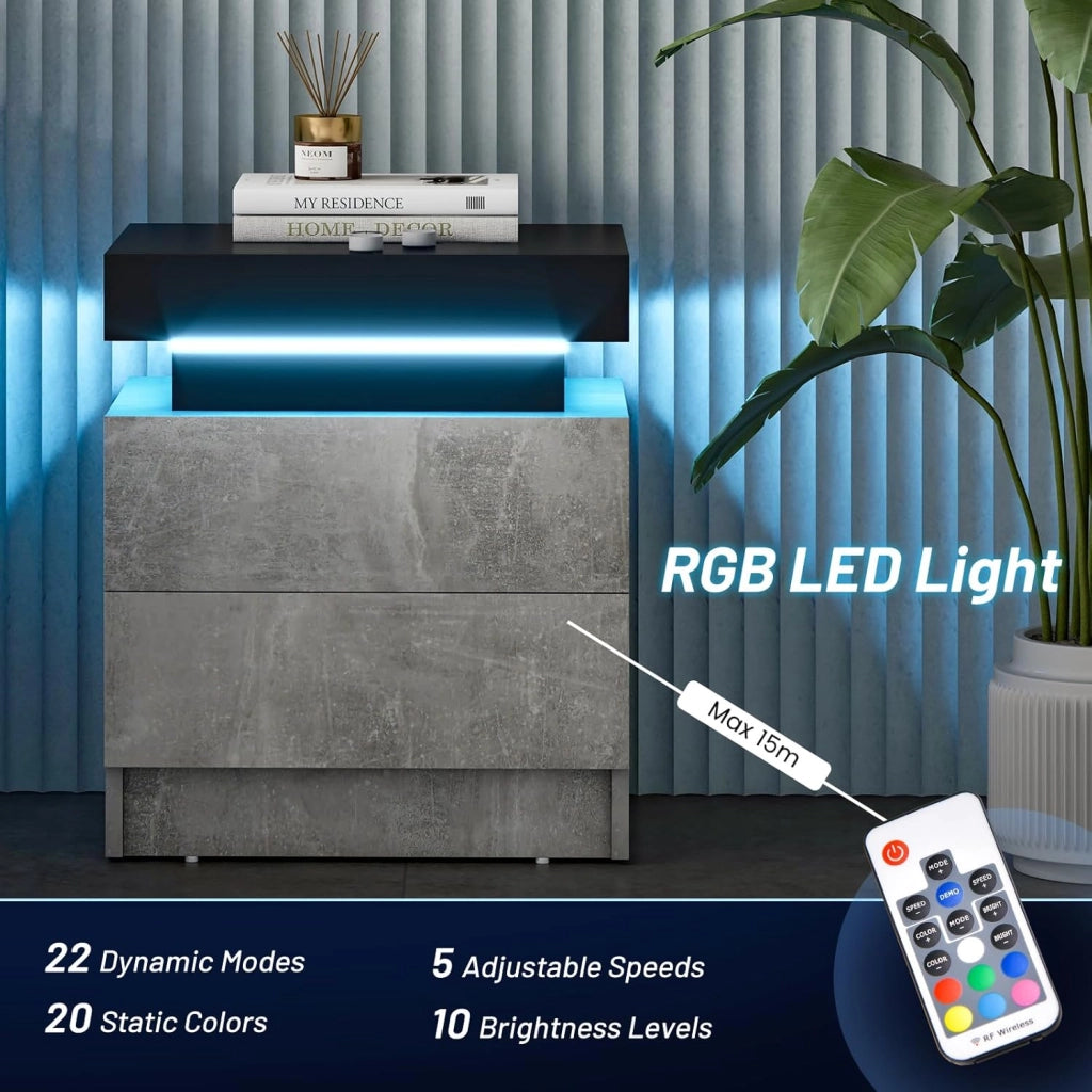Comodino a LED, 20 colori statici e 21 modalità dinamiche, tavolo da notte con 2 cassetti, tavolino, modalità di illuminazione regolabile e telecomando, 45 x 35 x 52 cm