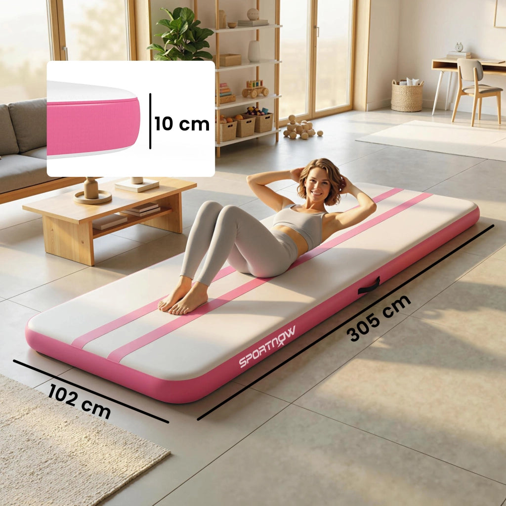 Tappetino Gonfiabile Ginnastica 305x102x10 cm con Pompa Elettrica e Borsa Trasporto in PVC Rosa