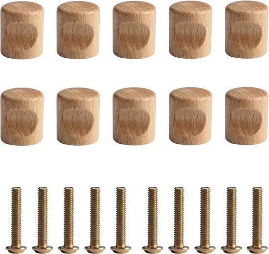Set di maniglie in legno di 10 - Ø20mm×24mm - Maniglie in legno non trattate con viti - Adatto per armadi, armadi a muro e ante.