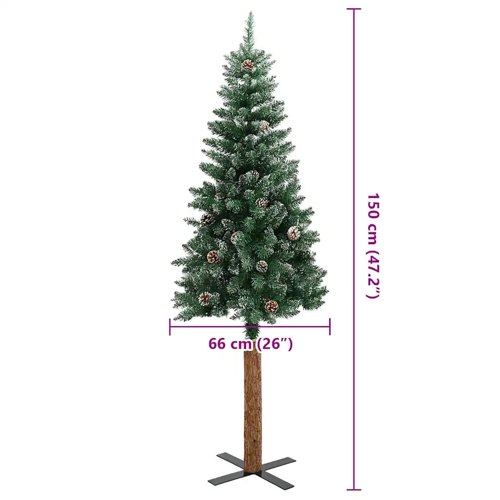 Albero di Natale Sottile Legno Vero Verde con Neve Bianca 150cm