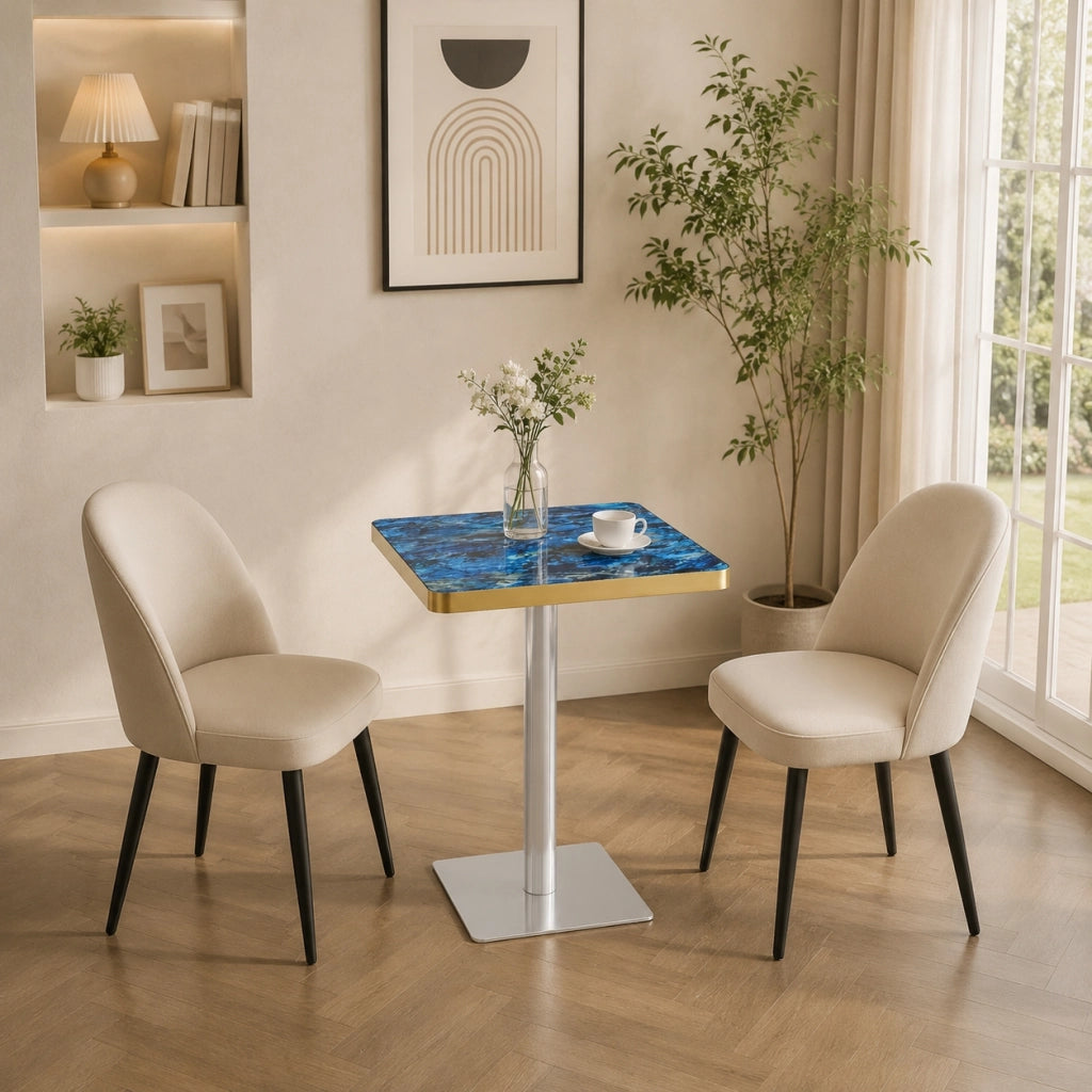 Tavolo da pranzo quadrato con piano effetto marmo e base in metallo stabile, per 2-4 persone, blu, 60 × 60 × 74 cm