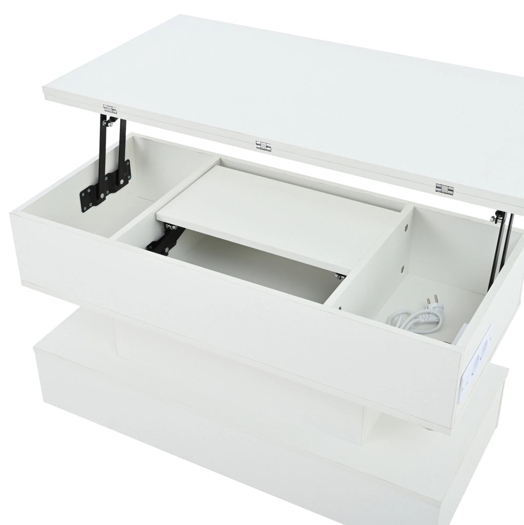 Tavolino da caffè bianco sollevabile 100×50 cm con LED, prese, USB-C e vano contenitore