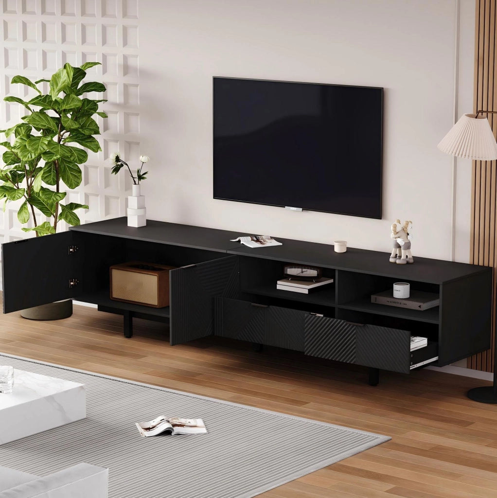 Mobile TV nero 200 cm con ante, ripiani aperti e passacavi