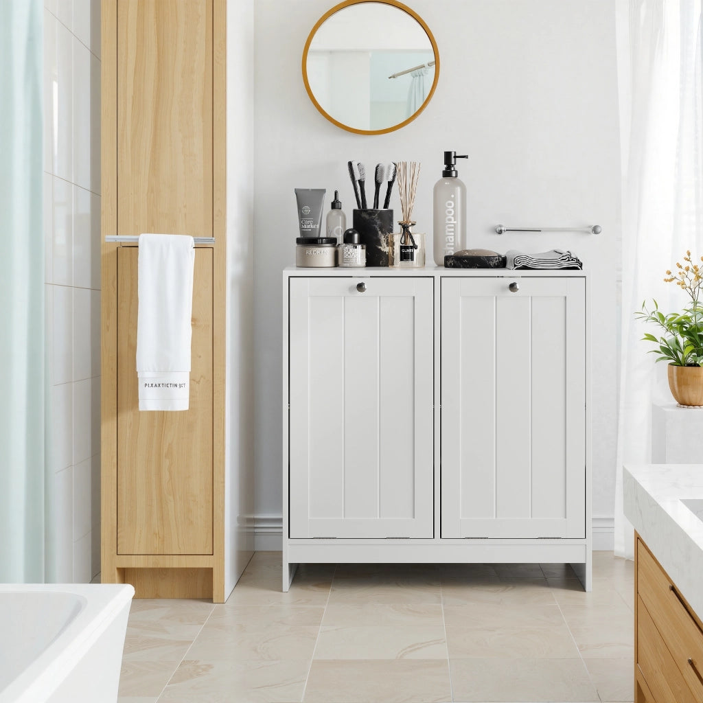 Armadio portabiancheria inclinabile con 2 cesti estraibili, organizer freestanding per bagno e lavanderia, bianco