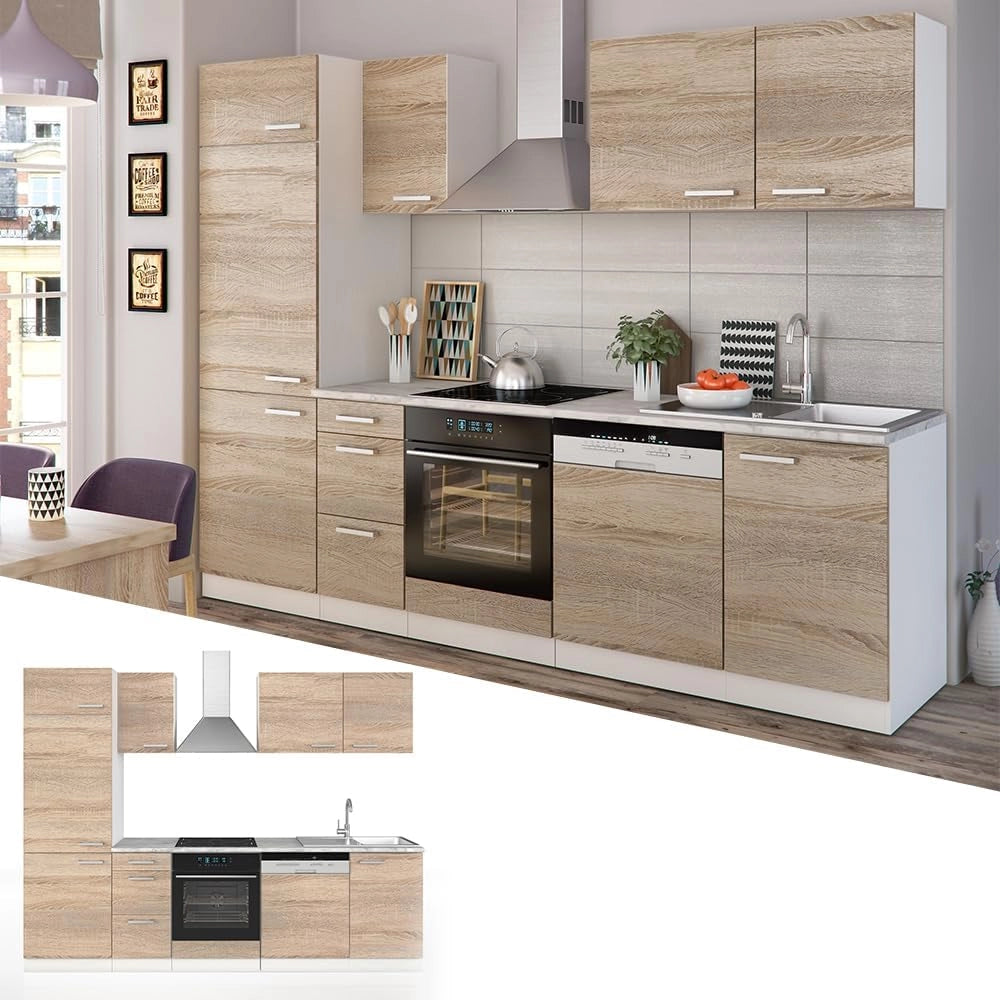 Cucina componibile Optima, Sonoma/Bianco, 270 cm senza piano di lavoro, adatto per disposizione e ampliamento personalizzati