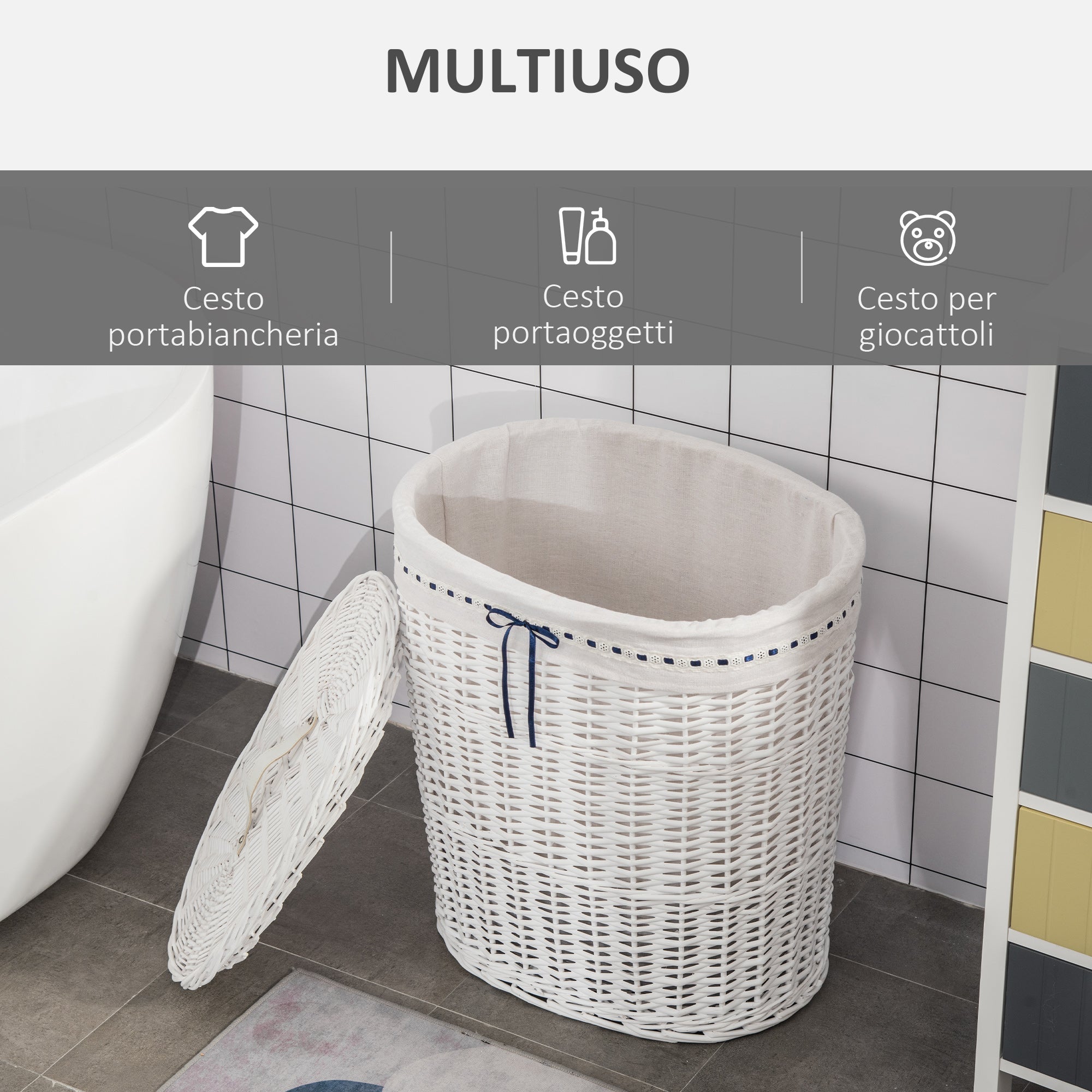 Cesto Portabiancheria 51x38x57 cm in Vimini con Coperchio e Sacco Interno Bianco