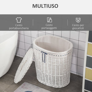Cesto Portabiancheria 51x38x57 cm in Vimini con Coperchio e Sacco Interno Bianco