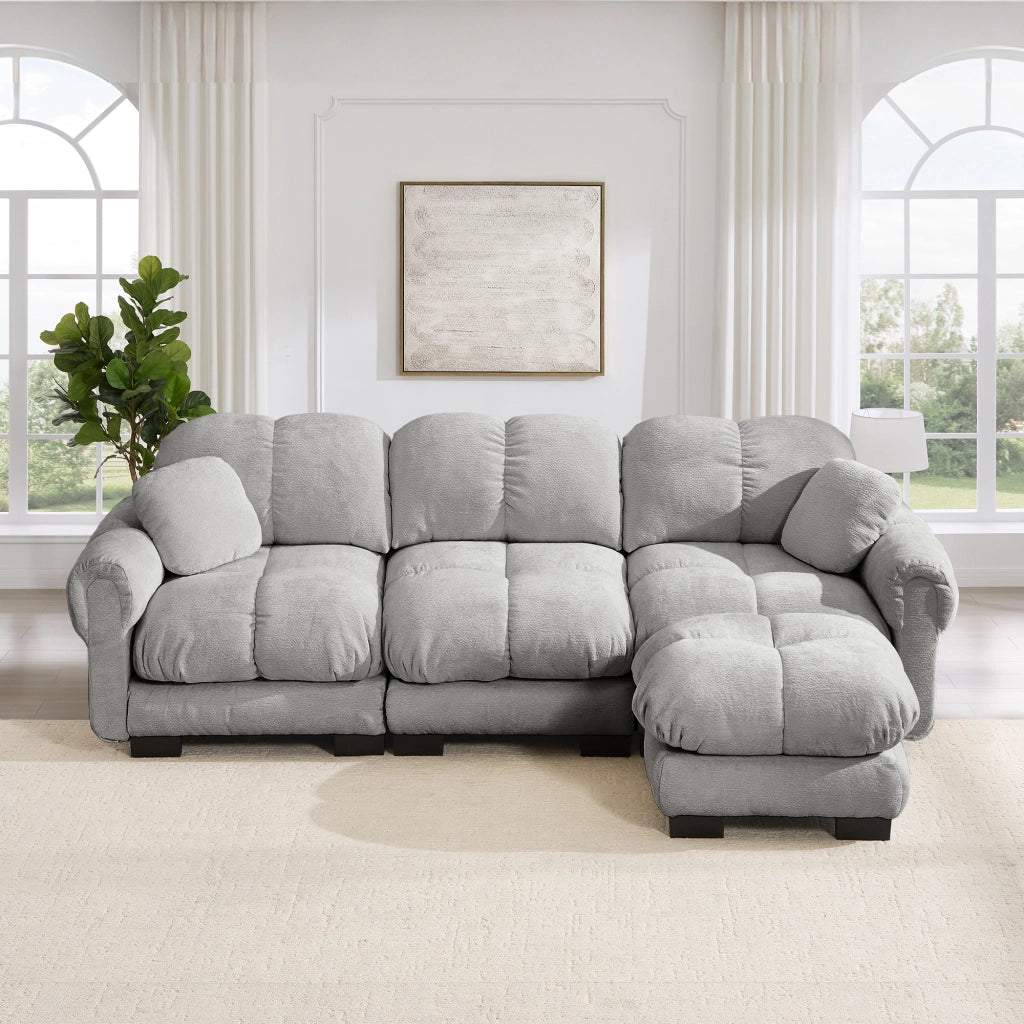 Divano angolare 3 posti con pouf mobile e cuscino, in Chenille, Grigio chiaro