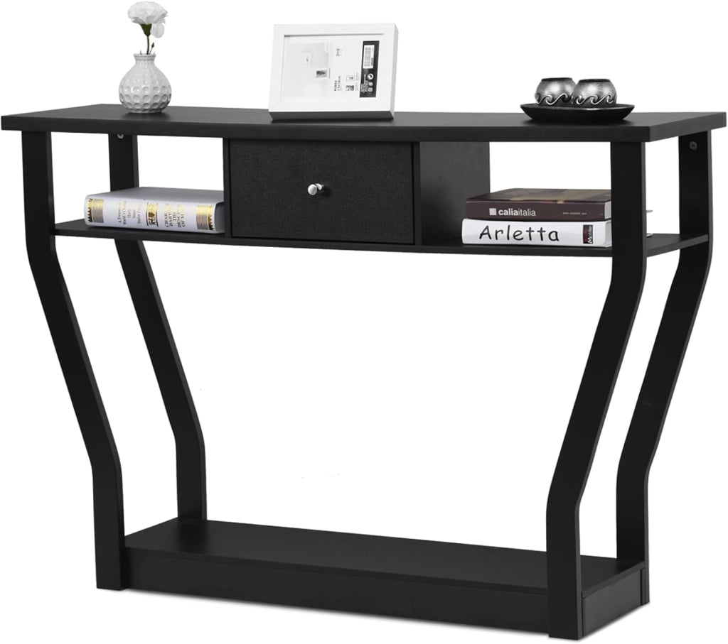 Tavolo Consolle in Legno, Consolle con Cassetto e Ripiani, Tavolo d'Ingresso Multiuso per Salotto, Corridoio e Entrata 120 x 30 x 81 cm (Nero)
