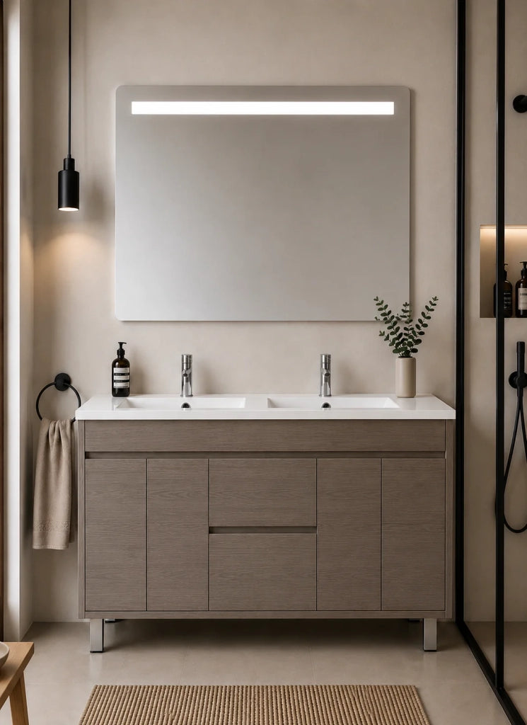Mobile bagno con lavabo ORIGENBATH ISQUIA senza specchio 120x45 cm doppio lavabo rovere smoky