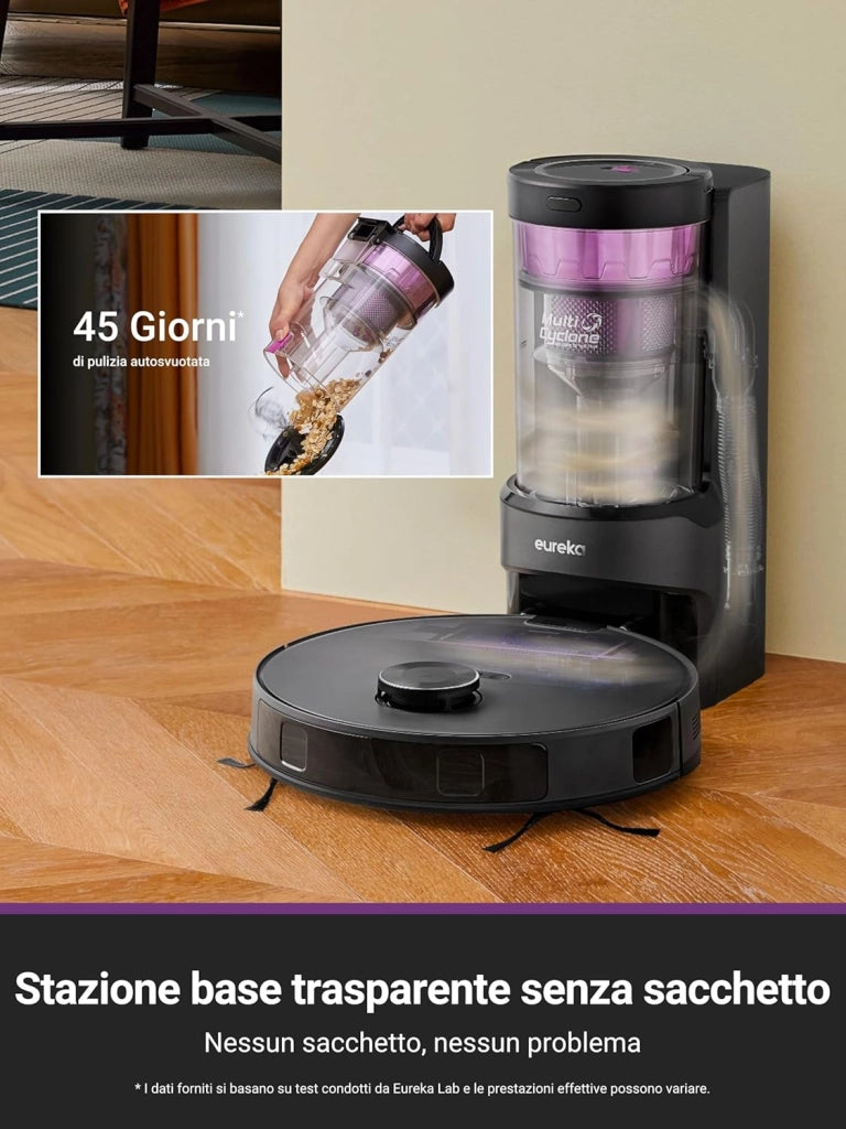 E20 Plus Robot Aspirapolvere con Stazione senza Sacchetto, 8.000 Pa, Svuotamento Automatico, Batteria 180 min, DuoDetect AI 3D Evitamento Ostacoli, per Tappeti e Peli di Animali Domestici
