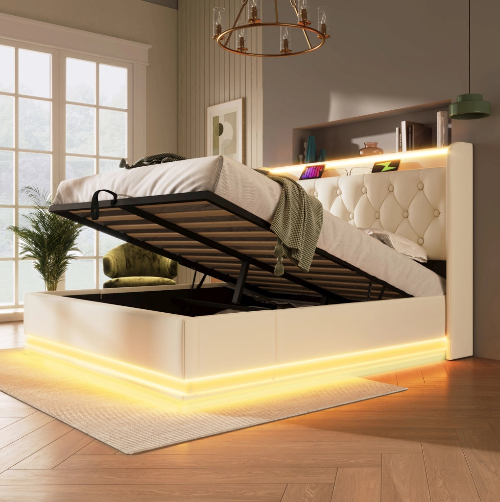 Letto matrimoniale con contenitore; LED 360°; USB e Type-C; 140x190 cm; bianco PU