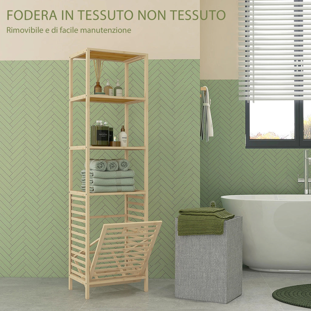 Colonna Bagno con Ripiani in Legno e Cesto ¨C zephmum ¨C Bianco 44x33x160cm