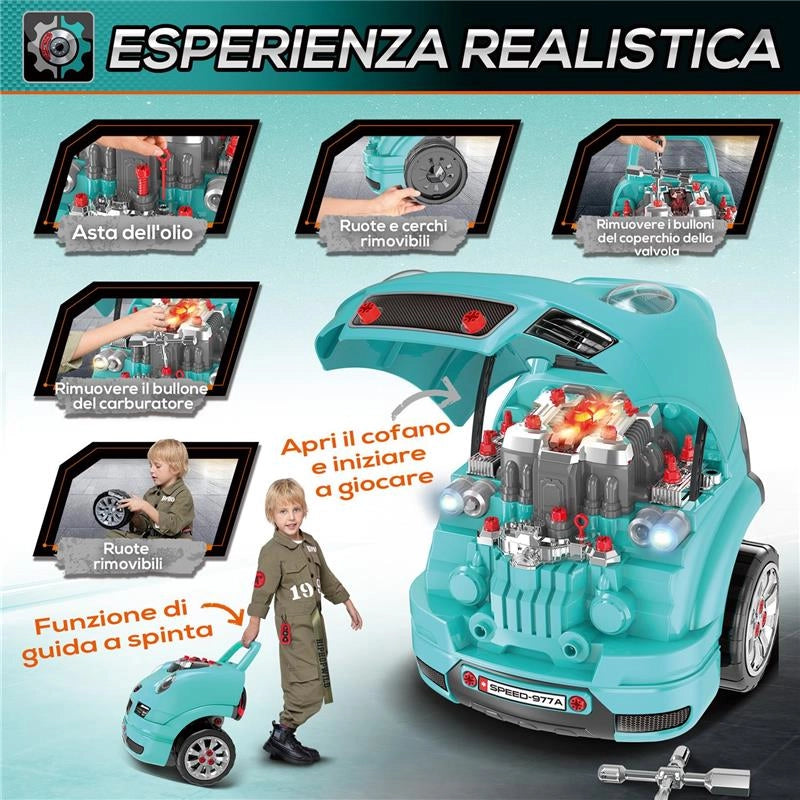 OFFICINA CAMION GIOCATTOLO PER BAMBINI 3-5 ANNI A 61 PEZZI CON MANIGLIA, IN ABS E PP, 40X39X47 CM, NERO E AZZURRO