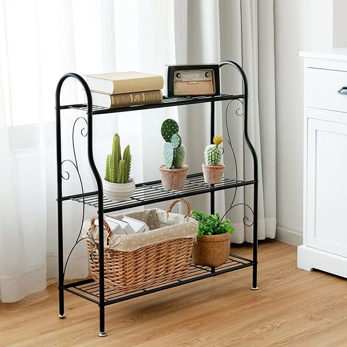 Porta Piante in Metallo a 3 Livelli, Scaffale Portavasi Interno ed Esterno con Elegante Motivo a Volute, Scaffale a Scala Multifunzionale per Casa, Giardino, Balcone e Corridoio
