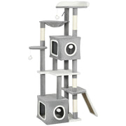 Albero Tiragraffi per Gatti 48x40x165 cm con 2 Casette Rampa Trespoli in Peluche e Sisal Grigio e Bianco