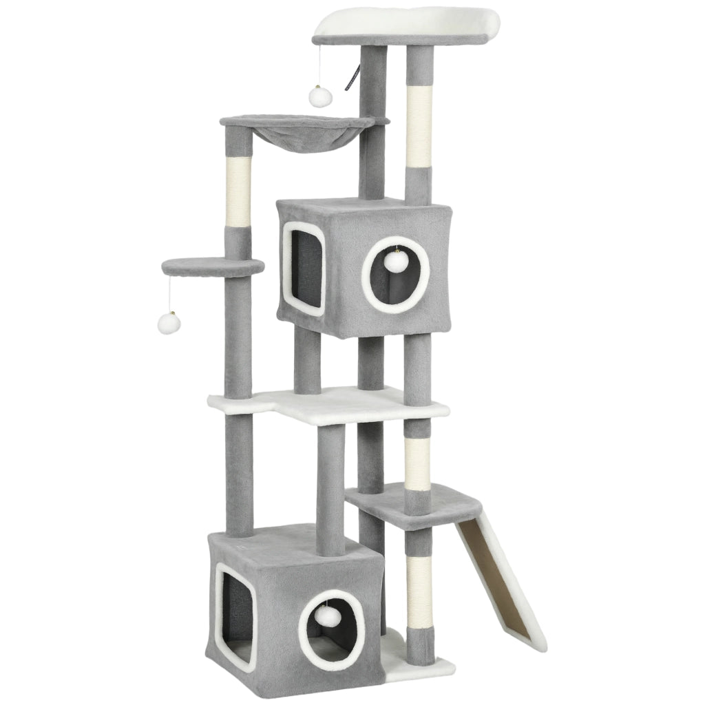 Albero Tiragraffi per Gatti 48x40x165 cm con 2 Casette Rampa Trespoli in Peluche e Sisal Grigio e Bianco