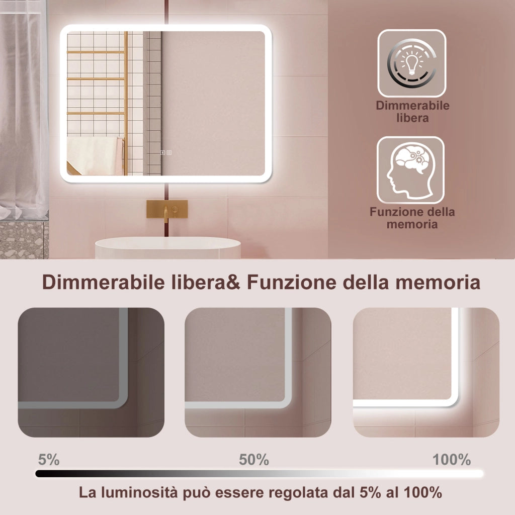 AICA Specchio da bagno  70 x 50 cm, dimmerabile, Blue tooth, Funzione Memoria, antiappannamento, 3 colori