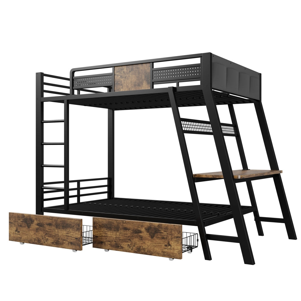 Letto a castello in metallo con scrivania integrata, LED e contenitori, 90x200 cm, nero