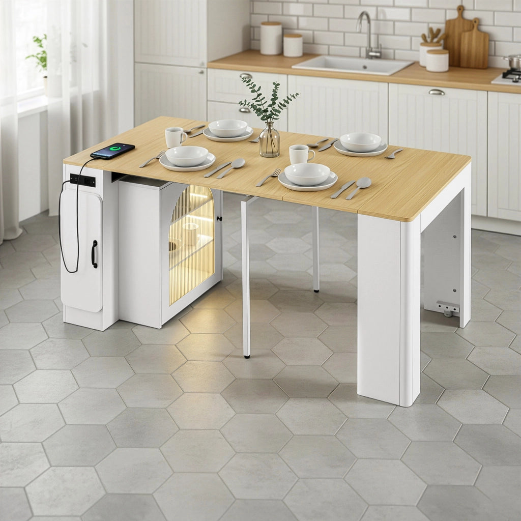 Carrello da Cucina con Tavolo Estensibile; 3 Piani; Vani; Ruote; LED e Prese; in MDF e Vetro; Bianco Naturale