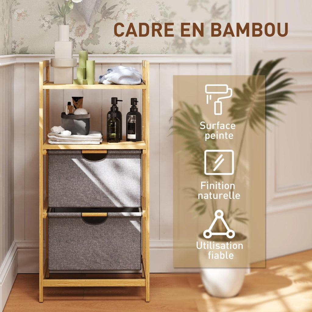 Cestino per il bucato in bamb¨´ con 2 sacchetti in tessuto scorrevoli e ripiani aperti ¨C Zephmum ¨C Naturale 80x40x60