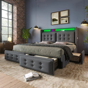 Letto matrimoniale 140x200 cm con LED; USB C e 4 cassetti; tessuto cotone e lino grigio