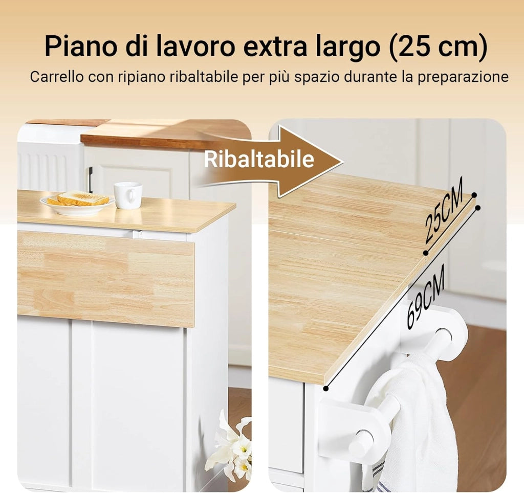 Isola Cucina con Ruote, Tavolo Estensibile in Legno, Mobile Cucina con 2 Cassetti, Penisola Cucina Salvaspazio, Credenza Multifunzione per Piccole Cucine Bianco 113 x (44–69) x 91 cm FKW129-WN