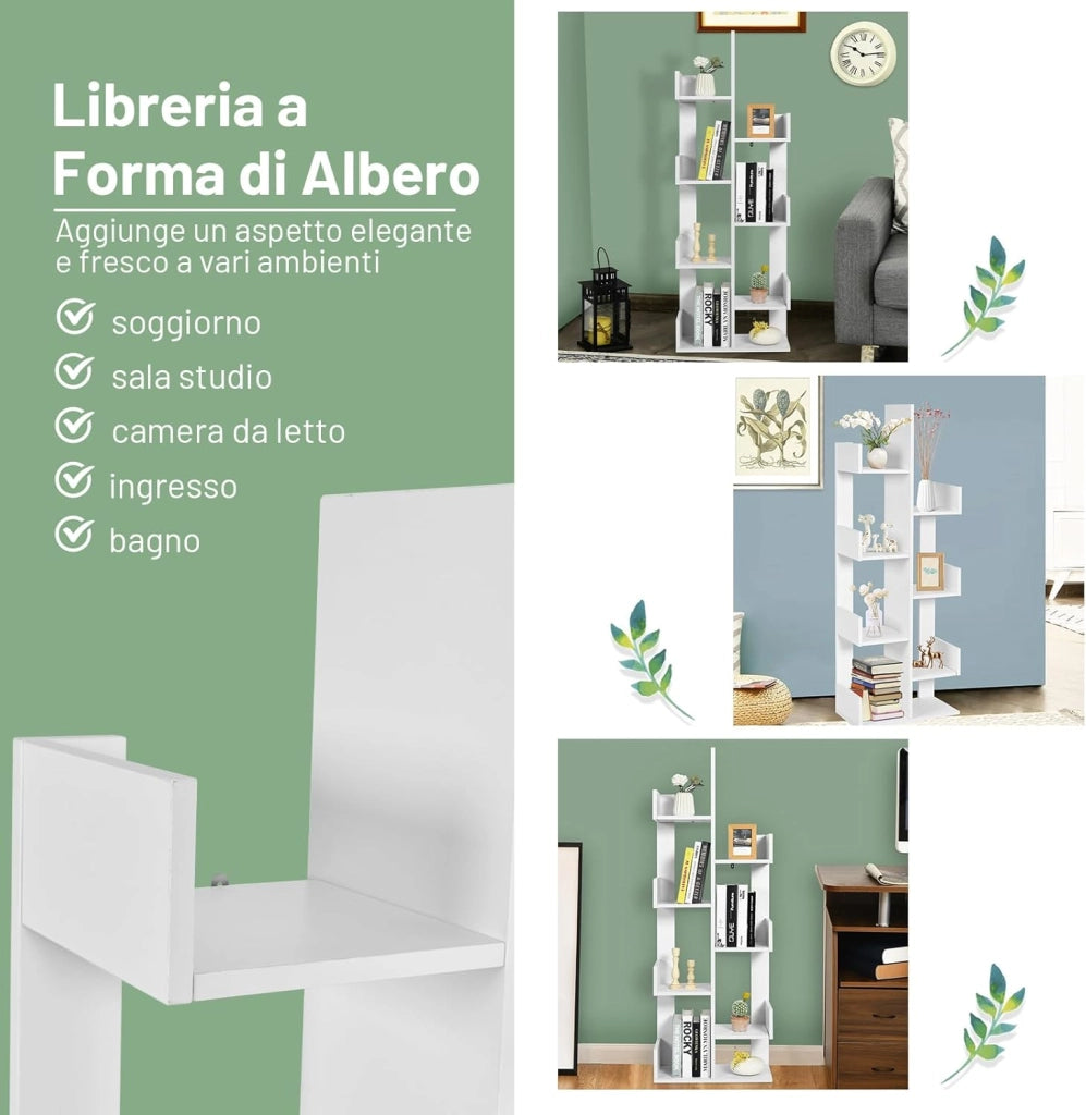 Libreria Multiuso da Terra, Libreria ad Albero con 8 Ripiani, Scaffale in Legno per Libri, Ideale per Soggiorno, Ufficio, 50 x 25 x 145 cm (Bianco)