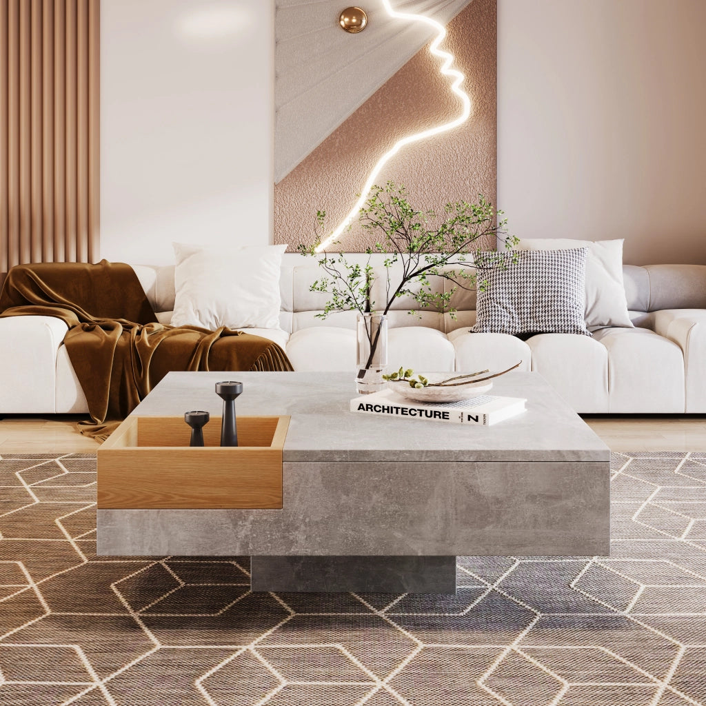 Tavolino da Caff¨¨ con Box Contenitore Estraibile; Design Grigio Cemento e Effetto Legno; in Truciolare; 72¡Á72¡Á30 cm