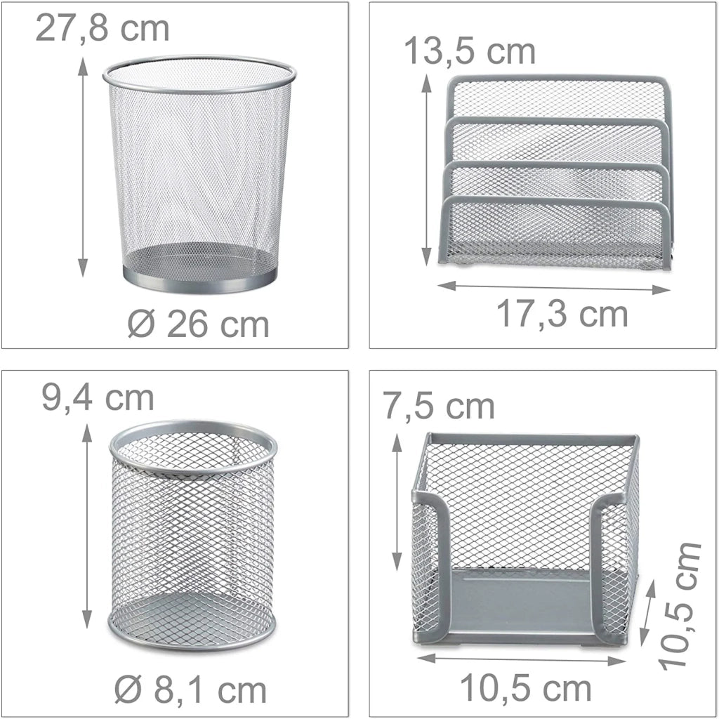 Set di 4 articoli per ufficio in metallo: organizer raccoglitore per posta blocco note portapenne cestino per la carta contenitore grigio 13_0002463