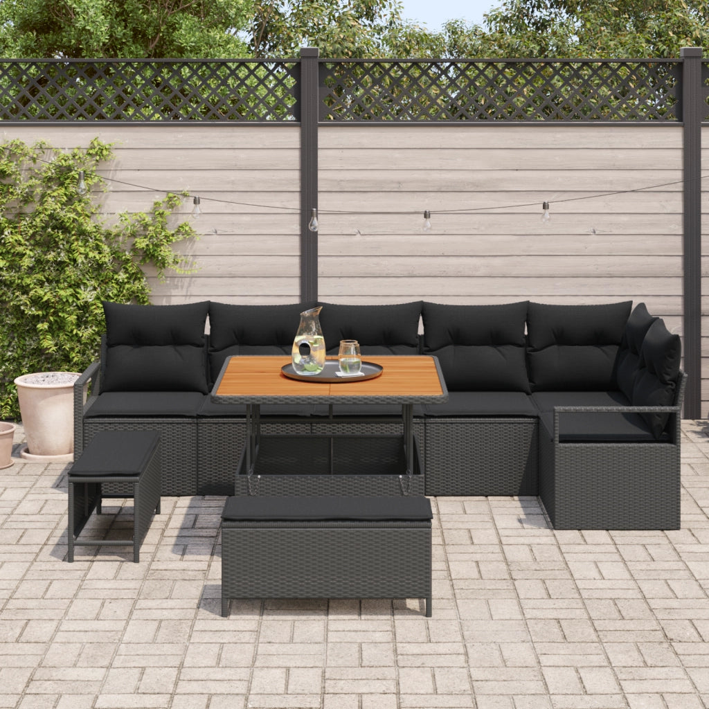 Set Divano da Giardino in 9 Pezzi con Cuscini Polyrattan Nero Acacia