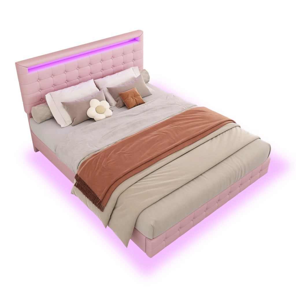 Letto flottante 140x200 cm con luce LED e testiera regolabile, rosa
