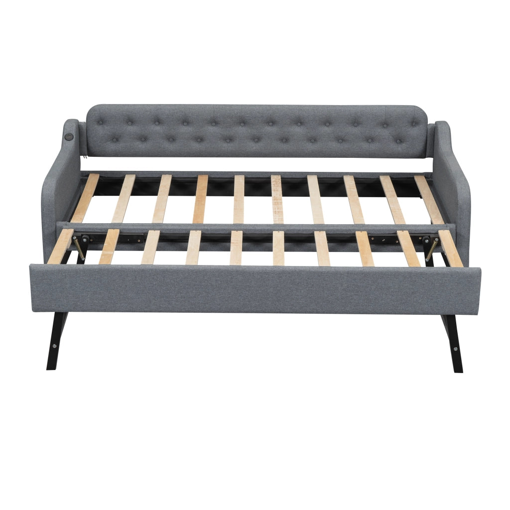 OKWISH Letto Divano 90×200 cm, Letto Singolo con Letto estraibile, USB e Presa, senza Materasso, in Lino, Grigio