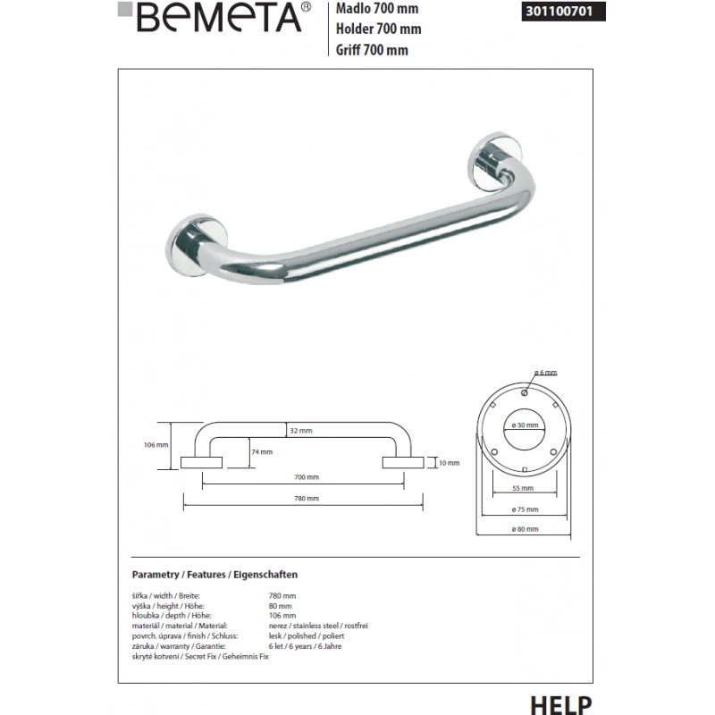HELP 700 Maniglione per doccia in acciaio inox 78x8x10,6 cm
