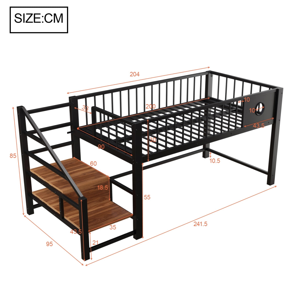 Letto a soppalco basso per bambini 90 × 200 cm con scala contenitore, struttura in metallo, senza materasso, nero