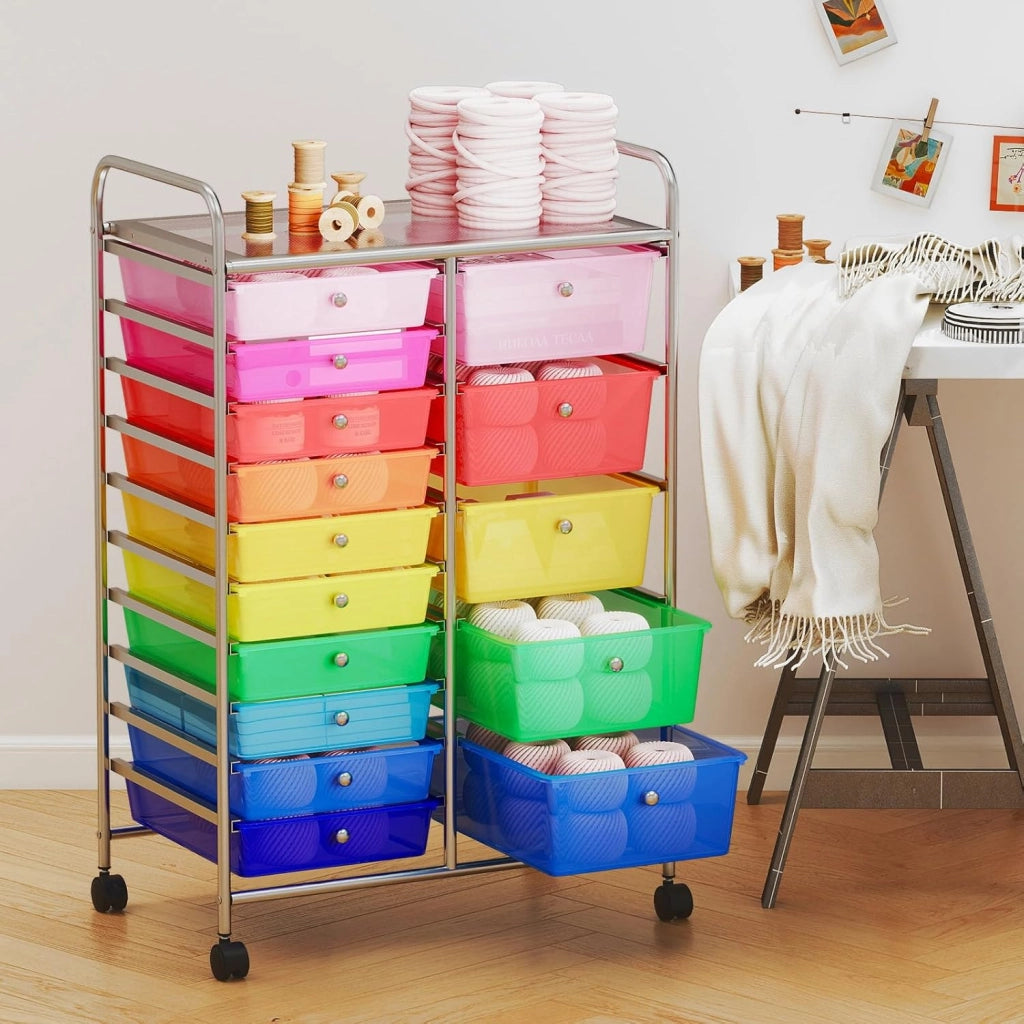 Carrello con cassetti impilabili 10/15, carrello da bagno con ruote universali bloccabili, carrello per cassetti per casa e ufficio, carrello portaoggetti su ruote (colorato, 15 cassetti)