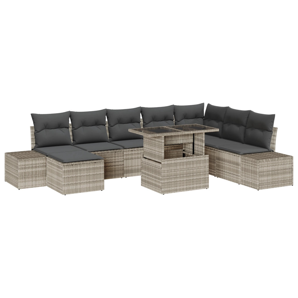 Set di divano da giardino 9 pezzi con cuscini grigio chiaro in polyrattan