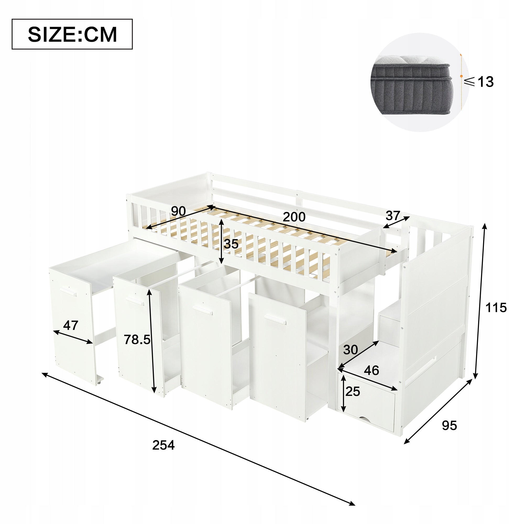 Letto a castello 90x200 con scrivania e armadio - Xylo - Bianco