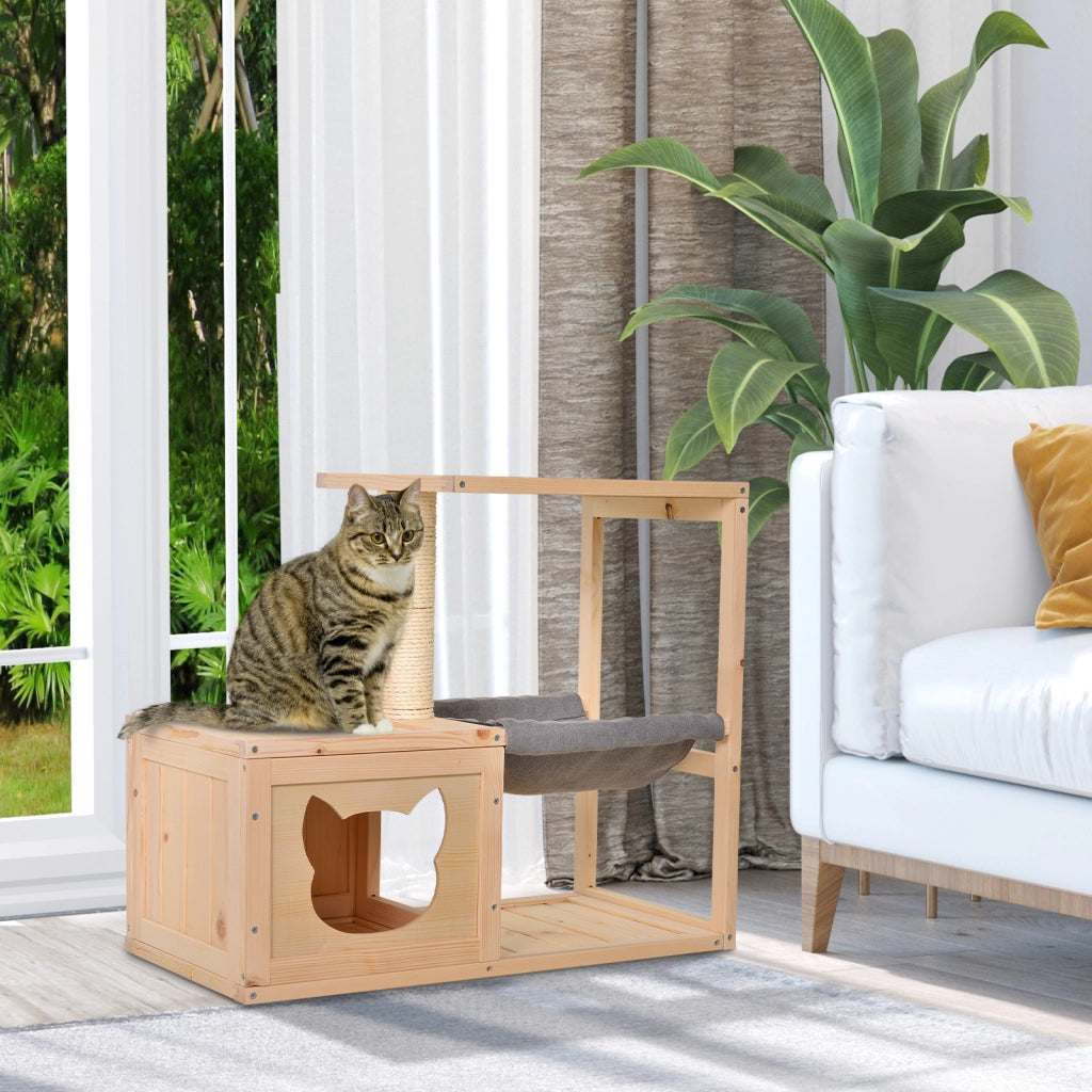 Letto per Gatti con Amaca e Tiragraffi in Legno ¨C zephmum ¨C Naturale 70x35x60 cm