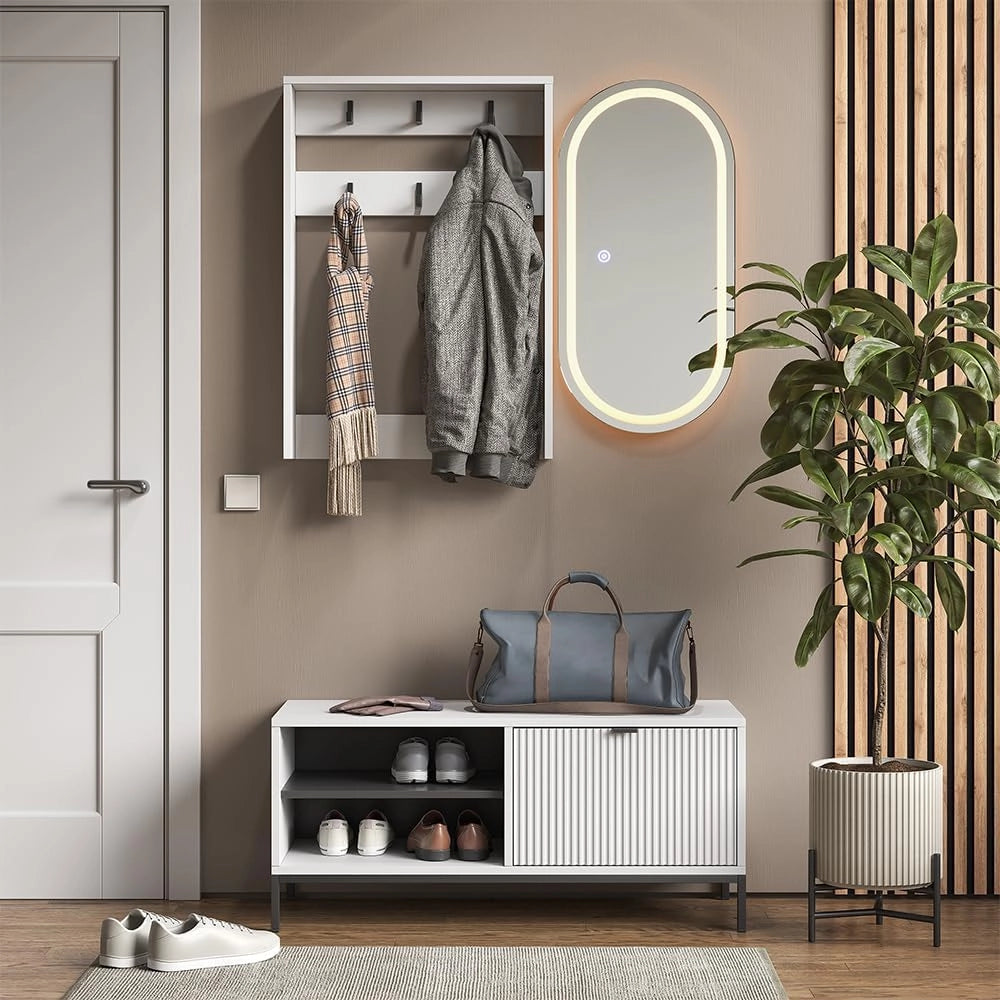Armadio da ingresso Eliza, Bianco, 100 x 45 cm Set, 3 parti, adatto per montaggio a parete e appendiabiti