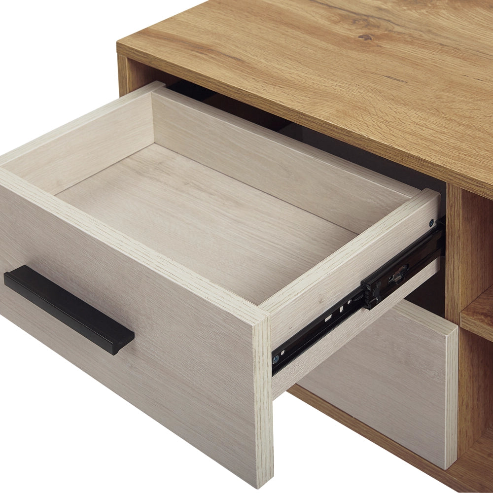 Mobile TV in legno chiaro con bianco per TV fino a 55ʺ con 4 cassetti e 2 ripiani rustico