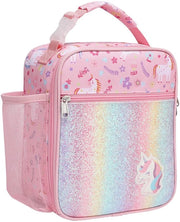 Borsa isolata per bambini - Grande borsa per pranzo per ragazze con contenitore per bottiglie, borsa impermeabile per pranzo per bambini piccoli per pic nic a scuola, unicorno glitter rosa