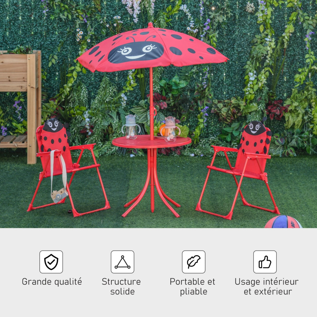 Set Tavolo Giardino Bambini 4 Pezzi con Sedie Pieghevoli e Parasol ¨C Xylo ¨C Rosso Metallo