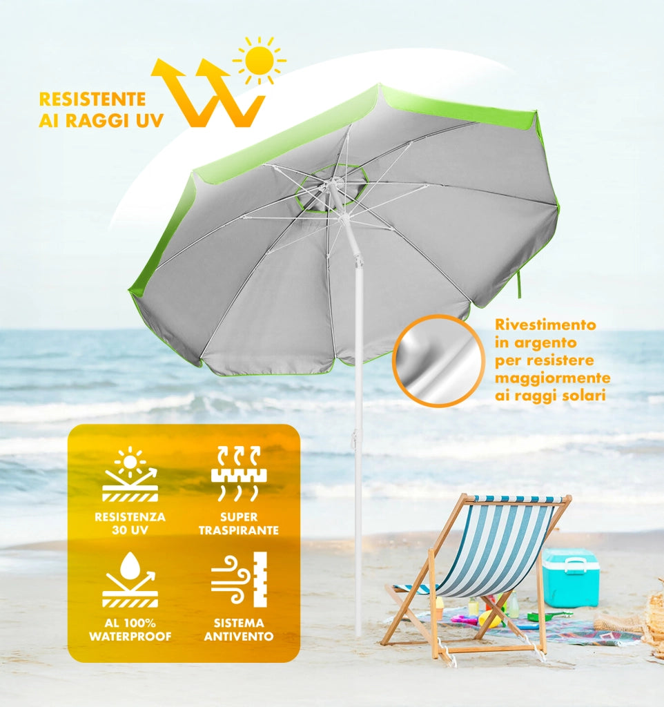 Ombrellone Da Spiaggia Grande Antivento 2.20 Metri Portatile Struttura In Acciaio A 8 Stecche Pieghevole Reclinabile Regolabile Altezza Puntale A Vite Resistente Uv Con Custodia A Tracolla Mare Campeggio Prato  Verde