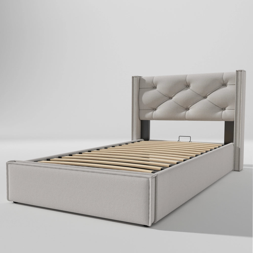 Letto singolo imbottito 90x200 cm con contenitore; rete sollevabile; testiera trapuntata; cotone; grigio chiaro